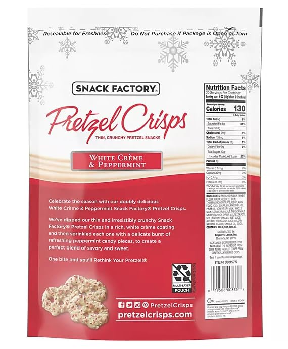 Snack Factory, White Crème & Peppermint Covered Pretzels, 20 oz.
