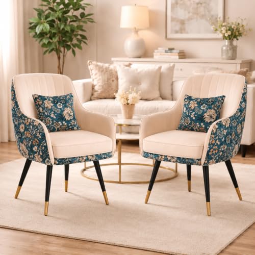 Image of Velvet Chair with Pillow for Home | Modern Accent Armchair in Soft Velvet Fabric with Golden Legs | Premium Accent Chair for Living Room Bedroom Restaurent | (Off White, Standard Floral)