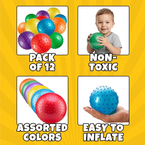 Bedwina Mini Knobby Balls - (Pack of 12) Bulk 5 Inch Sensory Balls and Spiky Massage Stress Balls with Pump, Fun Bouncy Ball Party Favors