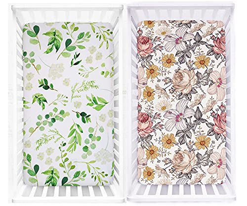 Image of Crib Sheet Set 100% Jersey Cotton, Fitted Cotton Baby & Toddler Universal Crib Sheets (Green Leaves Floral Crib Sheet Set)
