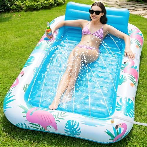 Inflatable Tanning Pool Lounger Float with Sprinkler, Blow Up Tanning Bed