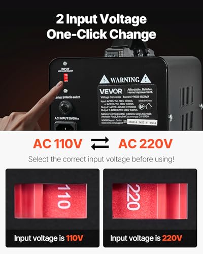 Image of VEVOR Voltage Converter Transformer, 1500VA, Heavy Duty Step Up /Down Power Transformer, Convert from 110V to 220V and 220V to 110V, with EU Outlets, US Outlets, Power Cord, Circuit Breaker Protection