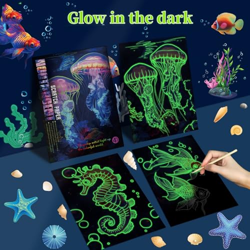 georgie porgy scratch paper art set for kids adults magic rainbow scratchboards for diy arts and crafts kits christmas birthday gift with scratching tools kit a4-noctilucent whale  sea world
