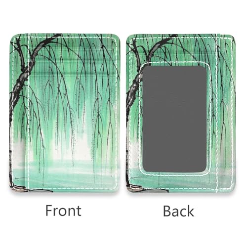 Chinese Ink Painting Tree Beige leather men's slim wallet With ID Window RFID Blocking card holder for men&women2