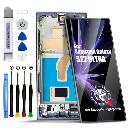 for Samsung Galaxy S22 Ultra 5G LCD Display Screen Assembly Replacement Touch Digitizer Screen with Frame Tool Kits S908U S908B Black (No Fingerprint)US Version