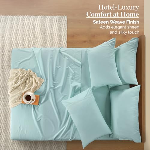 Casa Platino 100% Egyptian Cotton Sheets Queen Size Set - 6 Pcs (1 Flat, 1 Fitted, 4 Pillowcases) - Ultra Smooth Sateen Weave Bed Sheets Set with 15" Deep Pockets - Blue Sky