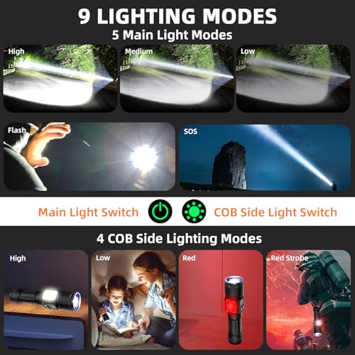 Azyvum Lampe Torche LED Ultra Puissante, Lampe Torche Rechargeable USB avec Batterie 5000mAh,Zoomable 9 Modes, IP67 Étanche Torche Tactique pour Camping Randonnée Pêche – vue 2