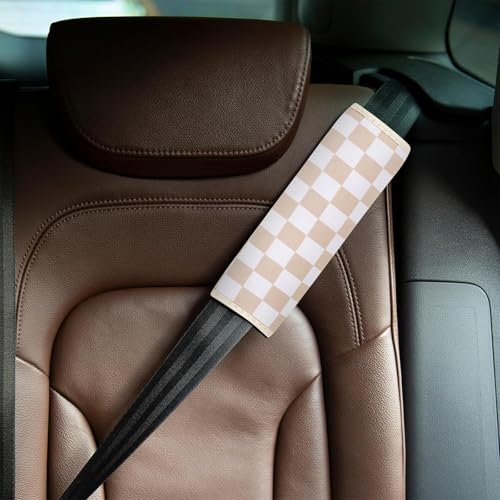 Image of YR Seat Belt Cover for Kids, Soft Comfort Seat Belt Cushion for Children, Cute Cartoon Pattern Car Seat Belt Pads Cover for Girls and Boys, 1 Pack (Almondand Cream Checkered)