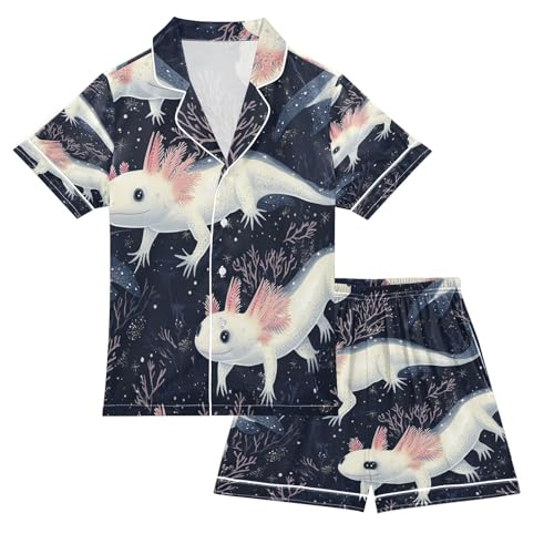 Satin Pajama Sets Short Sleeve Cute Axolotl in Darkness Button Down Silky Nightwear 2 Piece PJS 5-14Y