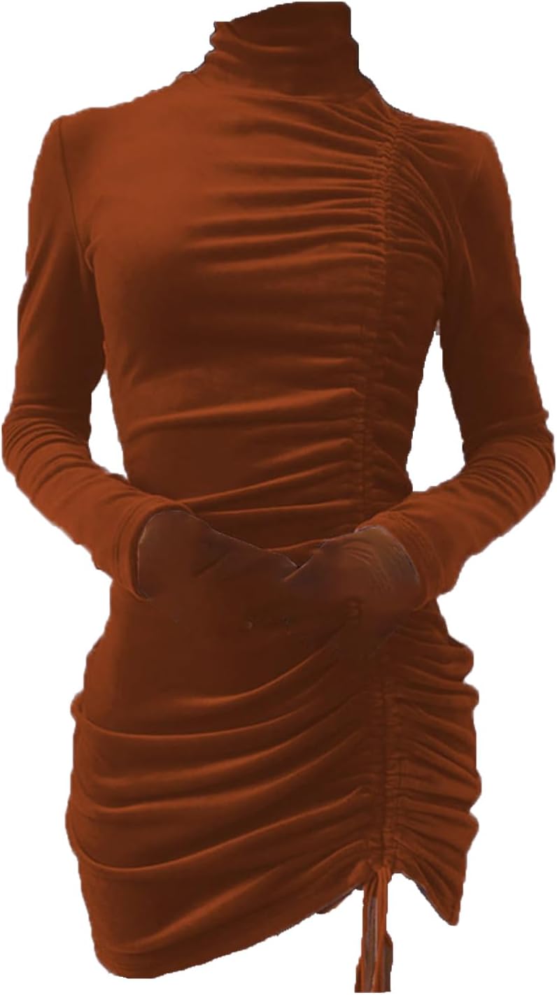 Generic Women'S Long Sleeve Velvet Maxi Dress Side Asymmetrical High Collar Bodycon Dress Sexy Ruched Cocktail Evening Dress