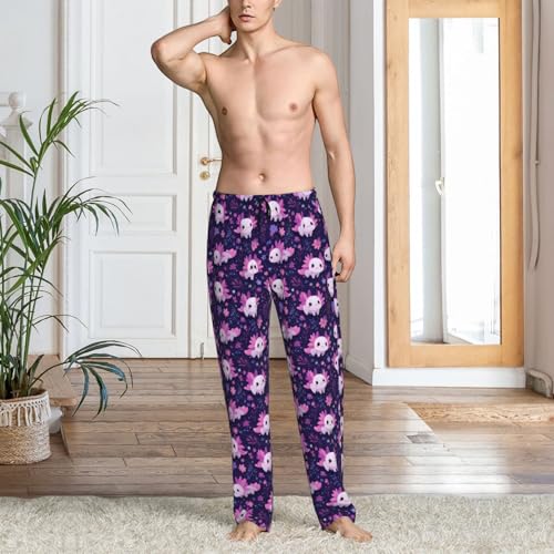 Mens Pajama Pants - Cute Axolotl Floral Print Soft Sleep Lounge Pants For Men, Casual Pj Bottoms With Pockets2
