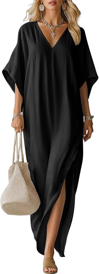 SHOPESSA Linen Dress Women Summer Casual Loose Kaftan Dresses Moo Moos Beach Vacation Cover Up Cotton Maxi Dress Loungewear