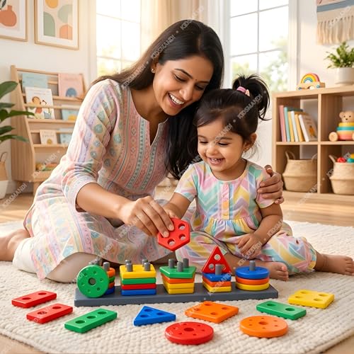 Image of Kids Mandi Geometric Shape Sorter - Montessori Learning Toy for Toddlers - Color Recognition & Stacking Blocks for Fine Motor Skills - Educational STEM Toy for 1, 2, and 3 Year Old Boys & Girls