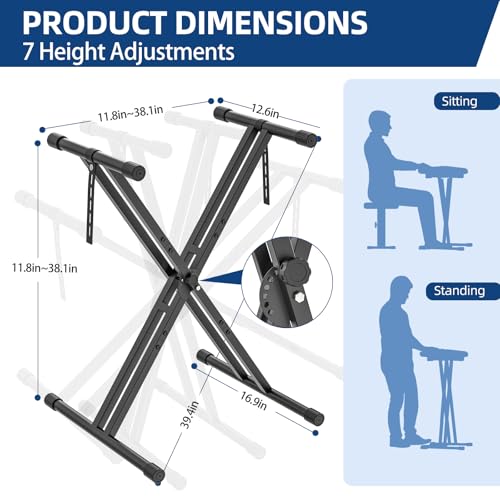 GLEAM Keyboard Stand Digital Piano Stand - Heavy Duty Iron Double X Style with Locking Straps, Fits 54-88 Key Electric Pianos, DJ, Turntables, Synths and Midi Keyboards. Load Capacity 100LB