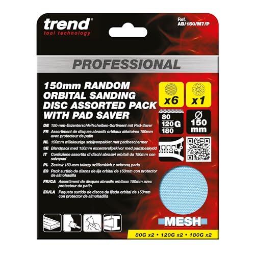 Trend Profi-Schleifscheiben 150 mm für Exzenterschleifer, Körnung 80/120/180 + Pad Saver, 7 Stück, Netzschleifmittel für starke Staubabsaugung und vielseitiges Finish, AB/150/M7/P