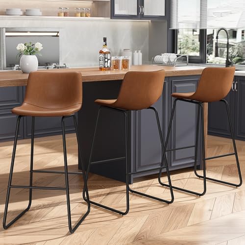 Image of REONEY Bar Stool Set of 2, 30 inch Urban Faux Leather Counter Stool, Dark Brown
