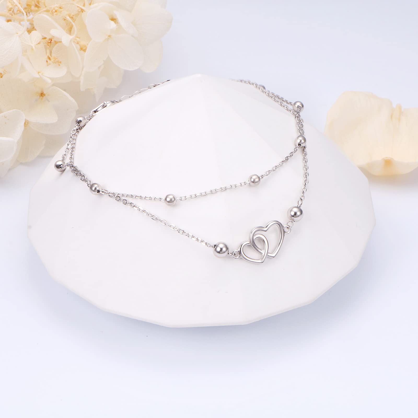 Cavigliera da donna in argento sterling 925, con ciondolo a forma di cuore, per donne e ragazze, classica, regolabile, per donne e ragazze