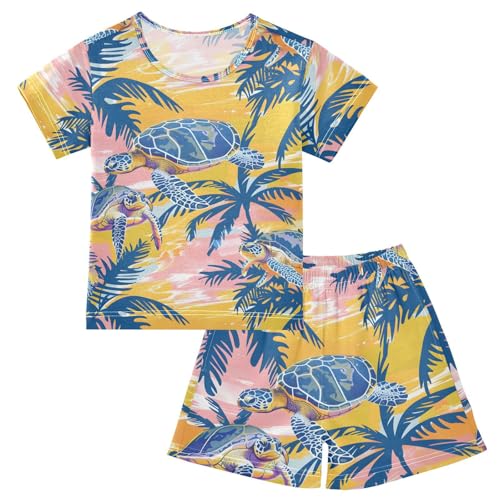 ALAZA Sea Turtle Palm Trees Pajamas Short Sleeve 2 Piece Sleepwear Top and Bottom Pajama Set Unisex