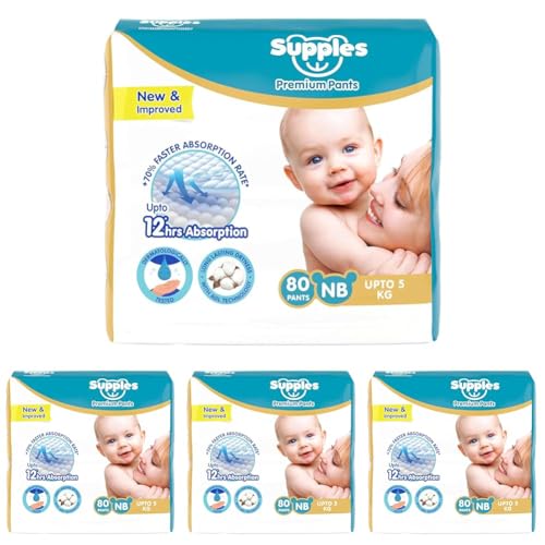 Image of Amazon Brand - Supples Premium Diaper Pants | for Newborn Babies | 80 Diapers | NB /XS | Up to 5 Kg | 12 Hrs Absorption | Cushiony Cotton Soft Fabric | Phthalates-Free | Triple Leak Guard (Pack of 4)