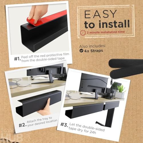 Image of No-Screw Under Desk Cable Management Tray - Self-Adhesive Installation, Cord Management, Cable Tray, Under Desk Wire Organizer - Black Set of 4