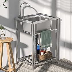 Fregadero 82 X 49 Fregadero individual de acero inoxidable con soporte,74x49x82cm, fregadero movible, fregadero multiusos para uso general, fregadero comercial para lavandería/patio trasero/garaje/cocina