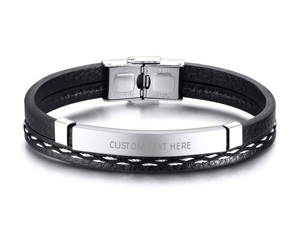 VNOX Trenzado de Cuero de PU Chapado en Negro Etiqueta de Identificación de Acero Inoxidable Pulsera Pulsera Brazalete para Hombres Niño