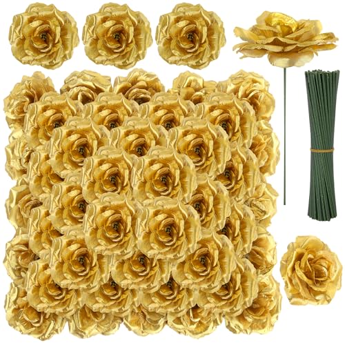 LELEE Rose Head Flowers with Stem - 108pcs Gold Rose Artificial Flowers Bulk - 3.1 Silk Roses Fake Flower for Wedding Bouquet Party Home Decor DIY Baby Shower Centerpieces Tables Decoration
