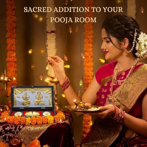 Image of Laxmi Ganesh Pocket Temple for Wedding Gift, Housewarming Gift & Pooja Room Decor | Gold Plated Photo Frame with Charan Paduka - 8 Inches (Brown)