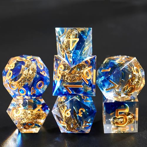DND Dice Set Handcrafted Designer Ring Core Resin Dice 7pcs Set with Sharp Edge for Dungeons and Dragons RPG MTG Table Games D&D Pathfinder Shadowrun and Math Teaching(Blue)