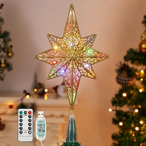 Lewondr Christmas Tree Topper, USB Powered Remote Controlled 14 Inch Bethlehem Star Xmas Tree Topper with Colorful LED Beads, 6H Timer 8-Point Treetop Light for Home Holiday Xmas Moravian Decor, Gold