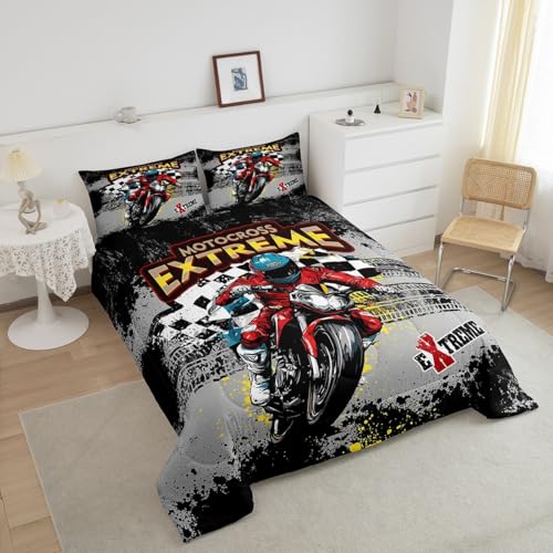 Image of Feelyou Kids Dirt Bike Comforter Set King Size, Extreme Sports Duvet Insert Motocross Bedding Set Boys Girls Teens Bedroom Decor Microfiber Bed Set
