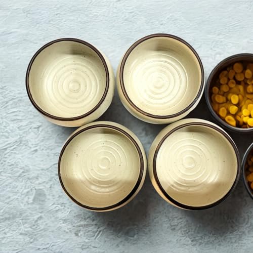 Image of Freakway Handcrafted Speckled Ceramic Bowl - 150 ml | Minimalist Beige with Brown Rim-Set of 4