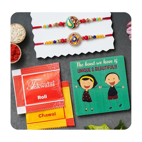 Image of Rakhi for Brother Combo of 2 Rakhi for Men with Fridge Magnet, Roli Chawal Best Wishes Greeting Card