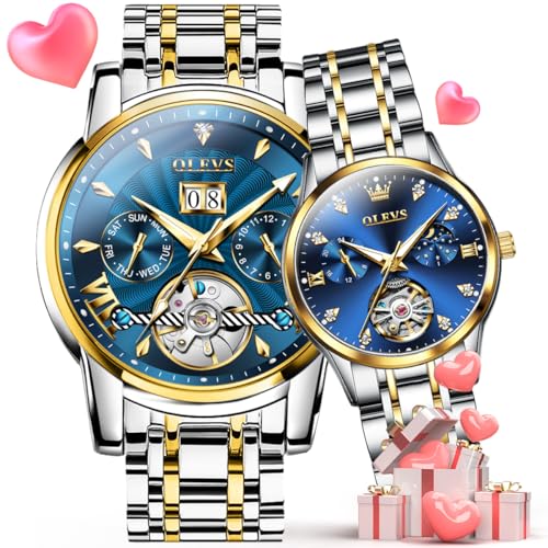 OLEVS Couple Pair Watches Set Automatic Mechanical Self Winding Dress Matching Watch for His and Hers Gifts