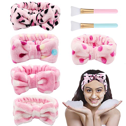 CAVETEE Spa Headband Makeup Headbands Hair Band for Washing Face Microfiber Headband Shower Headband Towel Headband Pack of 5,with 2 Pcs Silicone Face Mask Brushes