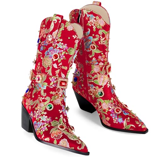 Image of LOCERICH Women Rhinestone Cowboy Sparkly Cowgirl Boots Diamond Western Floral Embroidery Mid Calf Booties