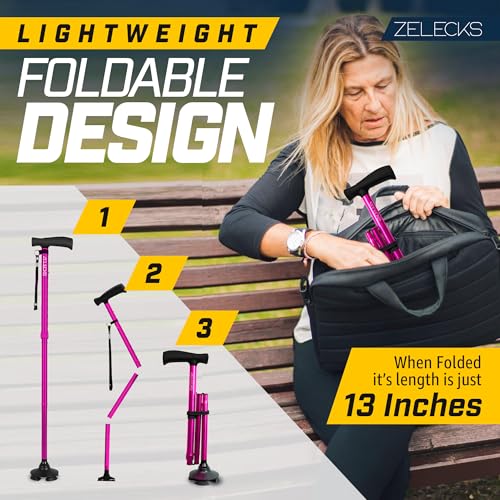 Image of ZELECKS Walking Cane for Women & Men - Self Standing Adjustable Folding Cane with T Handle and 360 Pivot Base - Lightweight Foldable Walking Stick for Seniors - Collapsible Cane for Walking