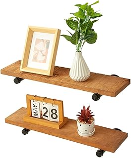 Coral Flower Reclaimed Wood Shelves with Black Industrial Pipe Brackets,...
