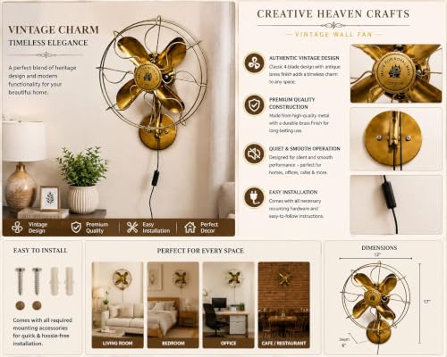 Image of Vintage Royal Navy Wall Mounted Fan, 3 Speed Motor Antique Brass Finish Metal 4 Blade Decorative Wall Fan, Nautical Industrial Style Home Decor for Living Room, Office, Cafe & Restaurant