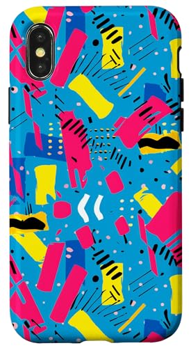 ブルー ピンク イエロー レトロ 80年代 90年代 絵画柄 スマホケース iPhone X/XS 用