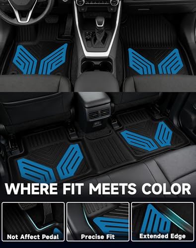 Image of Premium Color TPE Floor Mats Custom Fit for Toyota RAV4 2019-2025 (Only for Hybrid)| Hydro Blue Wing Design | All-Weather Heavy Duty Car Floor Liners Full Set 1st & 2nd Row