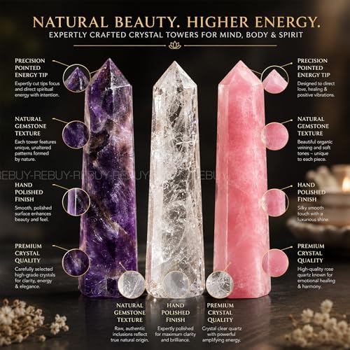 Image of REBUY Amethyst, Rose Quartz, Clear Quartz Crystals Pencils Wand Set for Reiki Healing and Grid Making Set Of 3