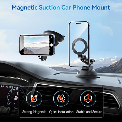 Image of TELESIN Magnetic Car Phone Holder with Suction Cup | 360 Adjustable Dashboard & Windshield Mount | Aluminum Phone Stand Compatible with MagSafe iPhones & Android Smartphones