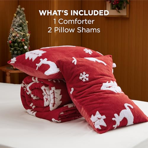 Image of Bedsure Fluffy Christmas Comforter Set King - Red Bedding with Running Reindeer, Warm Flannel Fleece Bed Sets for Winter, 3 Pieces, 1 Soft Plush Shaggy Comforter with 2 Pillowcases | Bed in a Bag, Comforters, Bedroom, Flannel Fleece Bedding with Running Reindeer Pattern, Soft Plush Shaggy Set, Easy Care