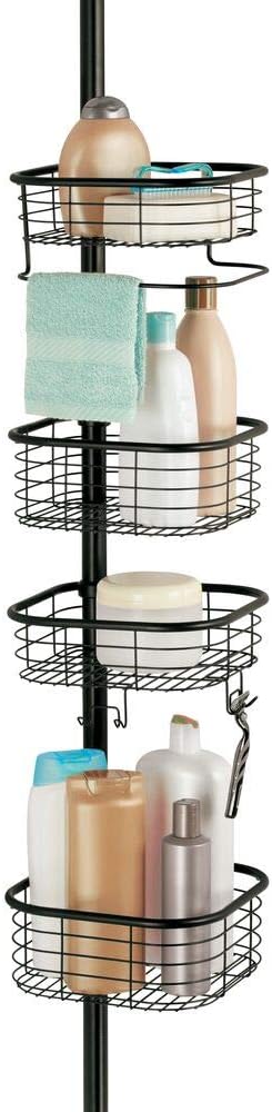mDesign Metal Bathroom Shower Storage Constant Tension Pole Caddy - Adjustable Height - 4 Positionable Baskets - for Organizing and Containing Hand Soap, Body Wash, Wash Cloths, Razors - Black