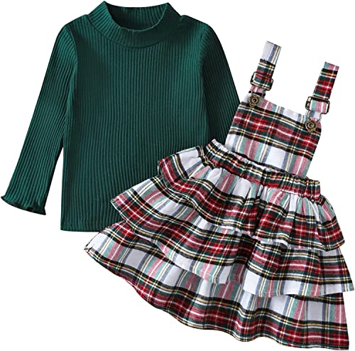 Toddler Girl Christmas Outfits Plaid Dress Solid Shirt Suspender Skirt 1T 2T 3T 4T 5T Kids Girls Overall Dress Set - Main Image