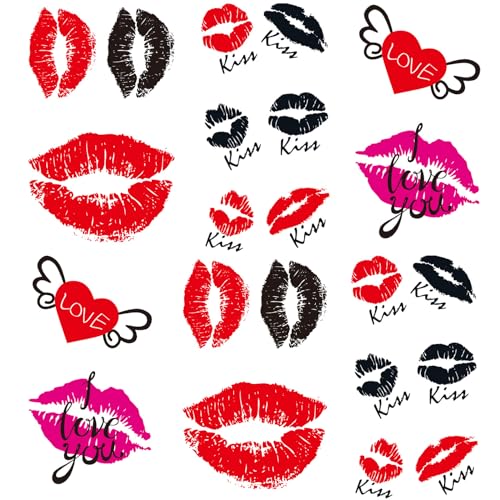 Yesallwas Tatuaggi temporanei sulle labbra rosse a 6 fogli adesivi per tatuaggi finti per donne e ragazze, labbra rosse tatuaggi temporanei Sexy Kiss Lip Rosso Nero viola
