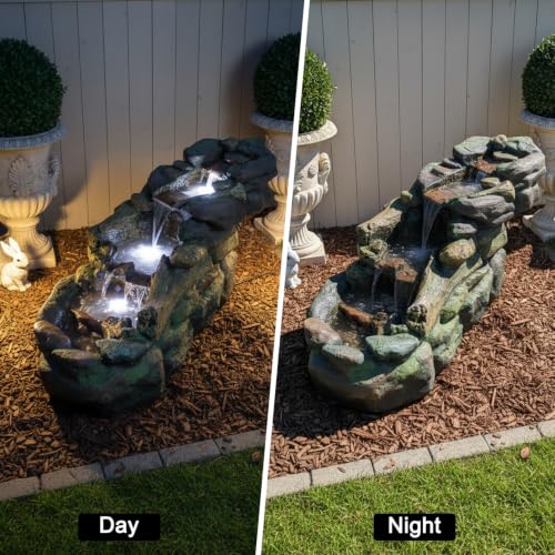Image of SunJet Cascading Rock Outdoor Water Fountain with LED Lights - 39 inch Length Resin Stone Look Garden Waterfall Fountain, Freestanding Floor Fountain with UL Certified Pump for Patio Backyard Yard Decor