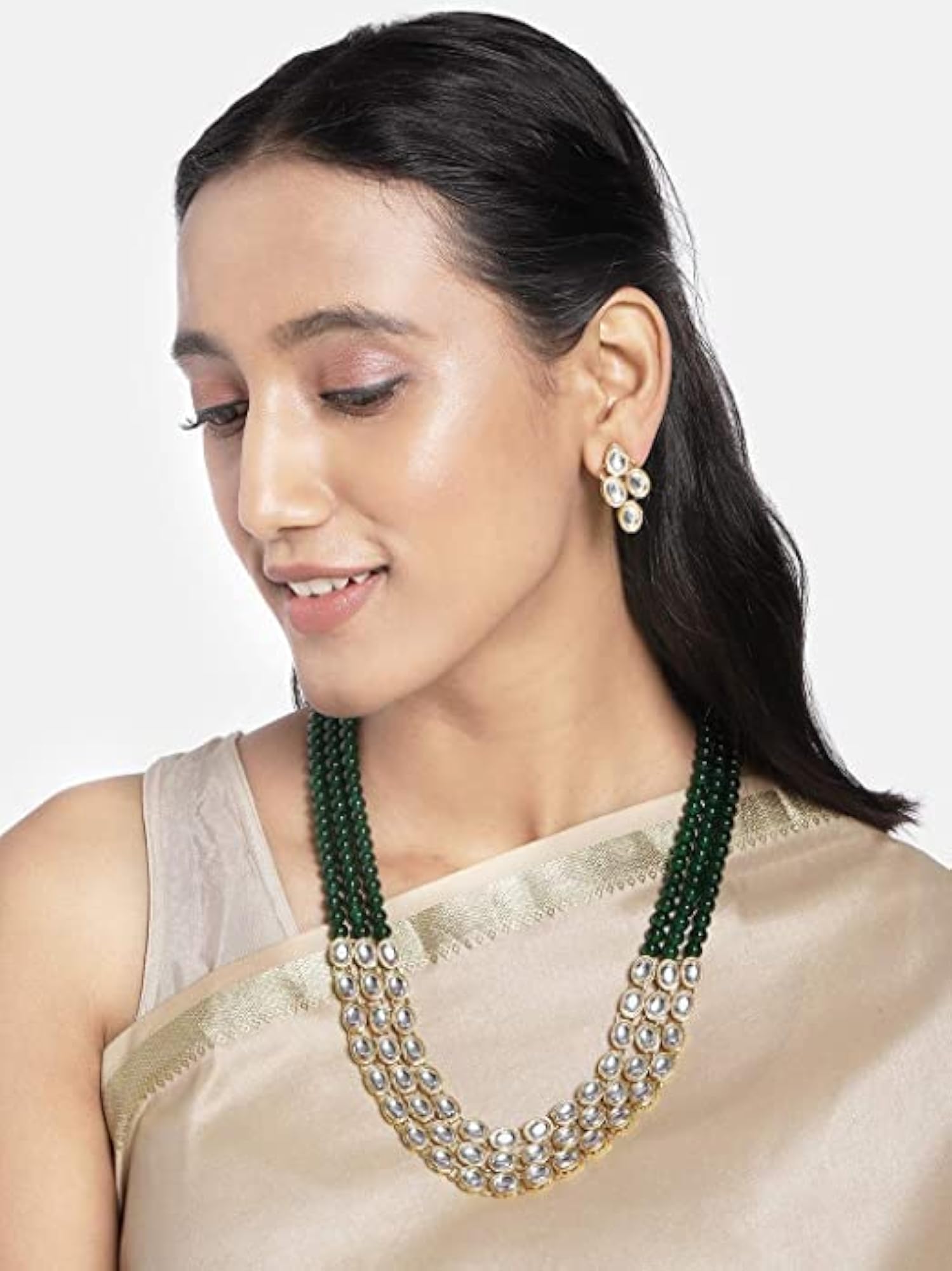 Kundan Studded Layered Pearl Necklace Set with Earrings