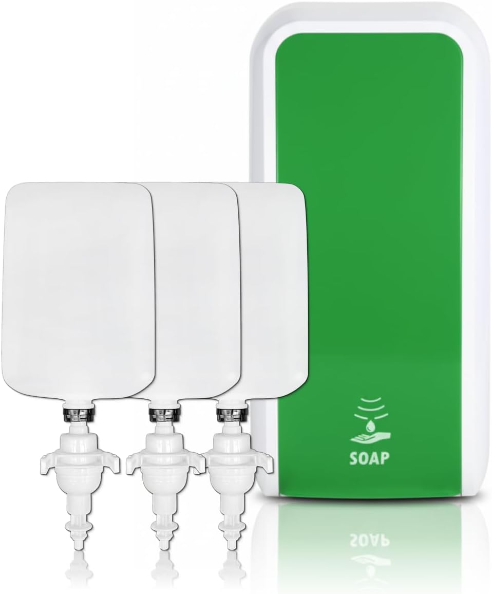 Cosmos Foam Soap Dispenser - Soap Dispenser with Sensor for Wall Mounting and 3 x 1 Liter Hand Soap Antibacterial Rich Soap for Approx. 7500 Applications White and Green